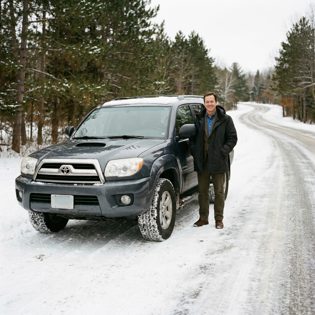 A 2006 Toyota 4Runner parked on the shoulder of a snowy road, showing the rugged stance and stock body