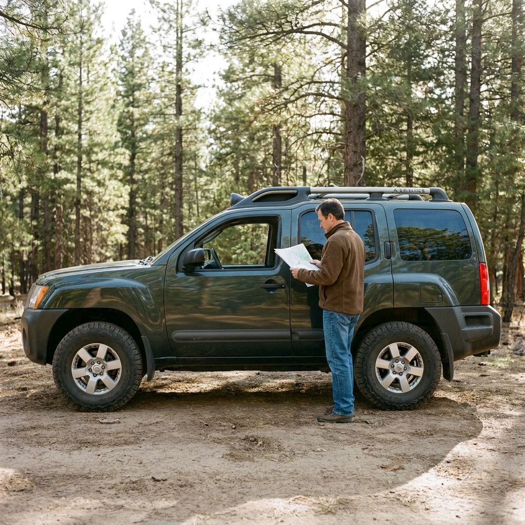 A 2010 Nissan Xterra parked on a forest service road, side view showing the roof rack and rugged tires