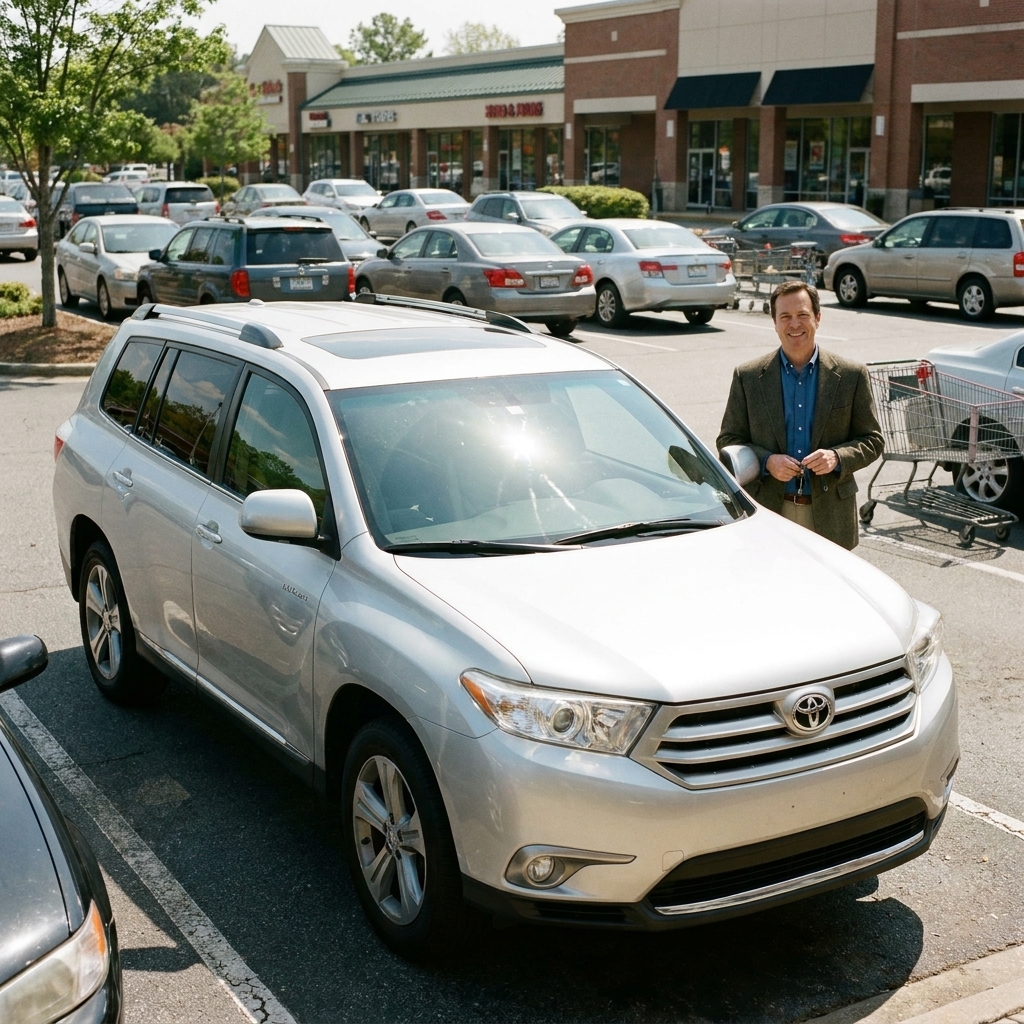A 2010 Toyota Highlander parked in a shopping center parking lot, front three-quarter view with sunlight reflecting off the hood