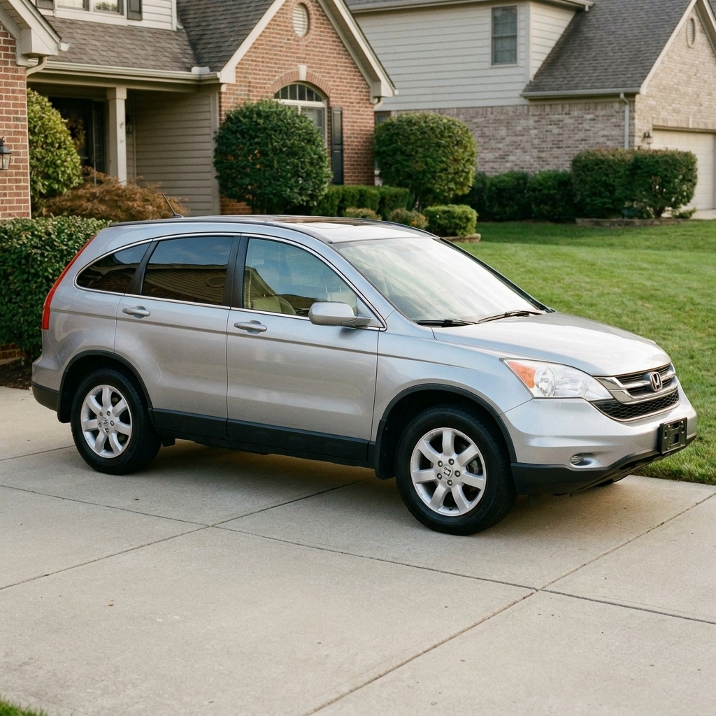 A 2011 Honda CR-V parked in a residential driveway in daylight, side profile showing a stock, well-maintained appearance