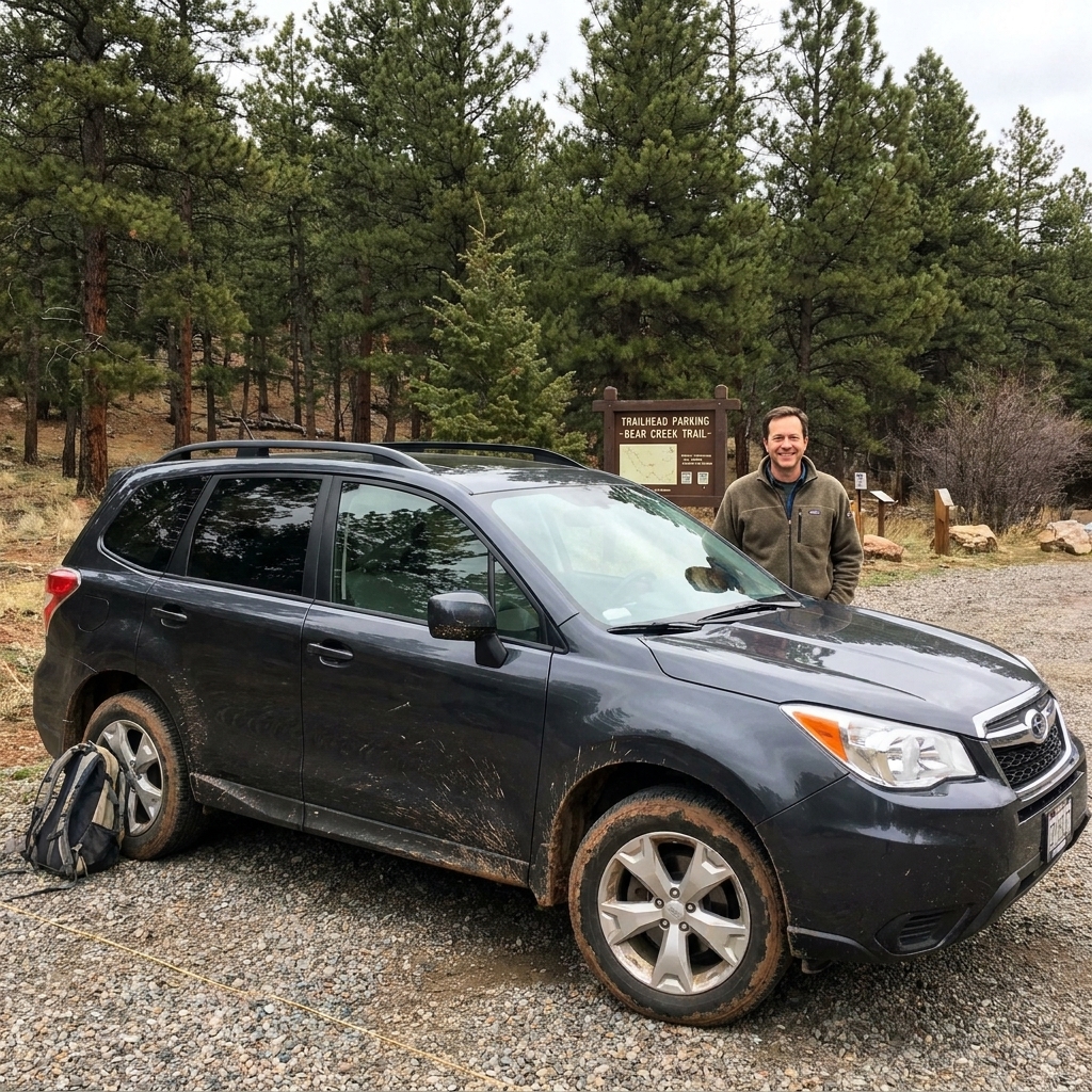 A 2015 Subaru Forester parked at a trailhead parking area with trees in the background, showing a lightly used exterior