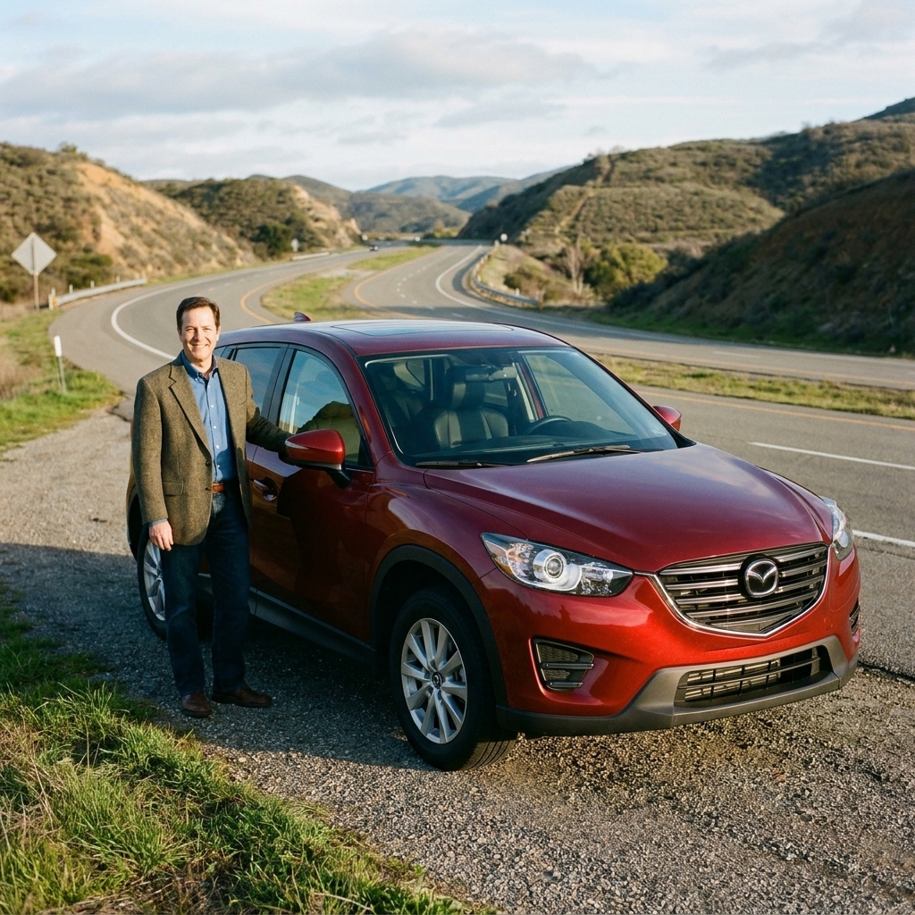 A 2016 Mazda CX-5 parked at a roadside turnout with a highway in the background, front three-quarter view