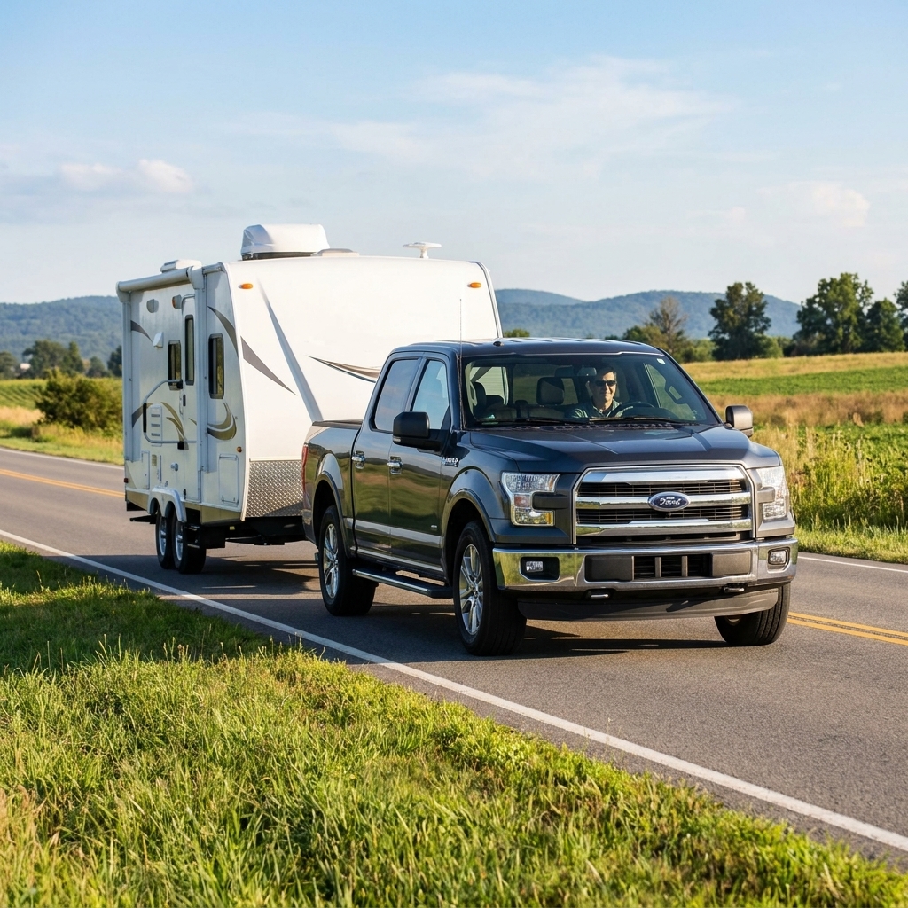 A 2017 Ford F-150 pulling a mid-size travel trailer on a two-lane highway in daylight, photographed from the roadside