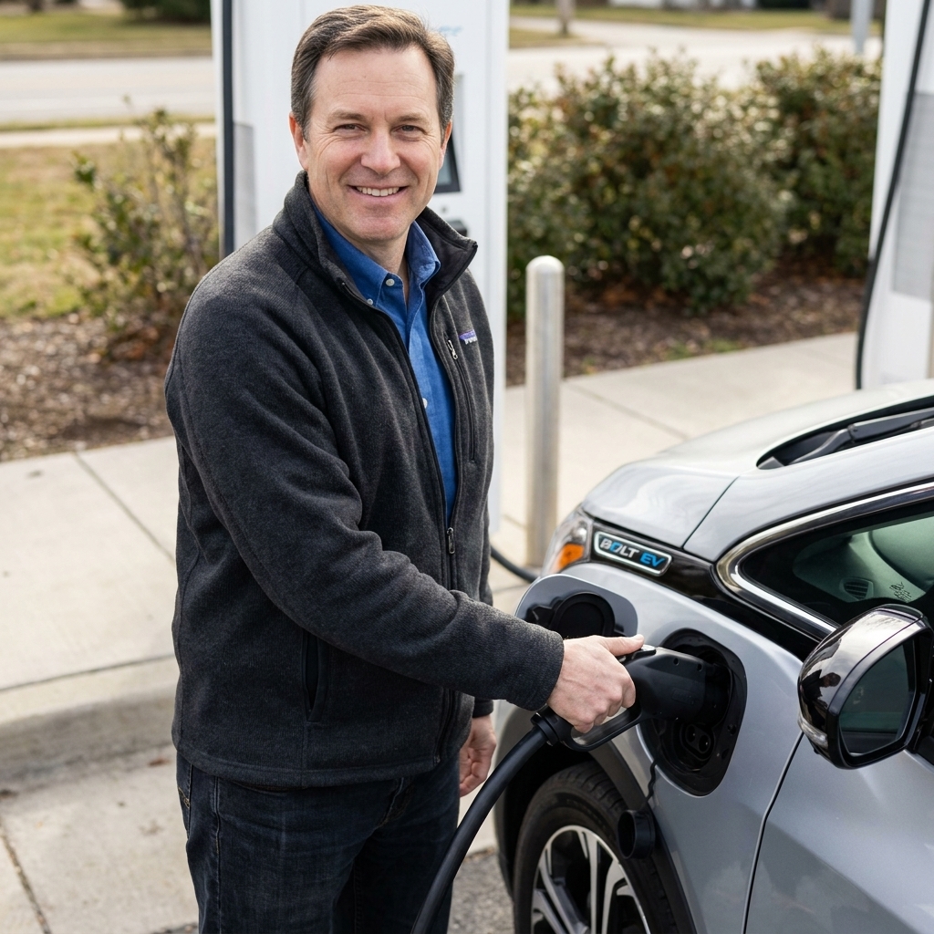 A Chevrolet Bolt EV at a charging station with a CCS charging connector plugged into the car, showing the charge port area