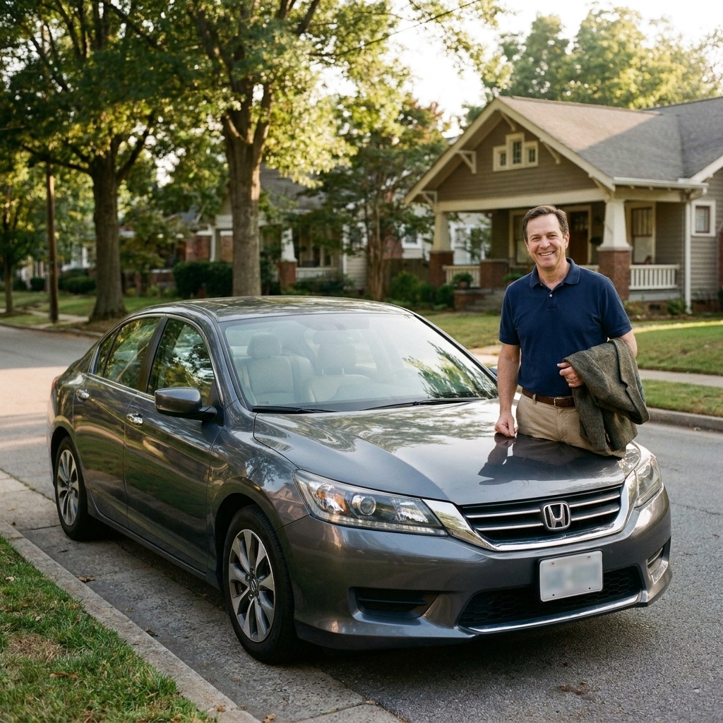 A Honda Accord sedan parked curbside in a quiet neighborhood, photographed from a front three-quarter angle