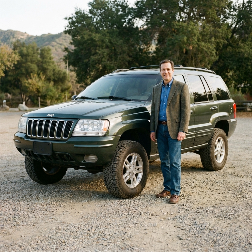 A Jeep Grand Cherokee parked on gravel with its suspension raised to a higher ride height, showing extra wheel gap above the tires