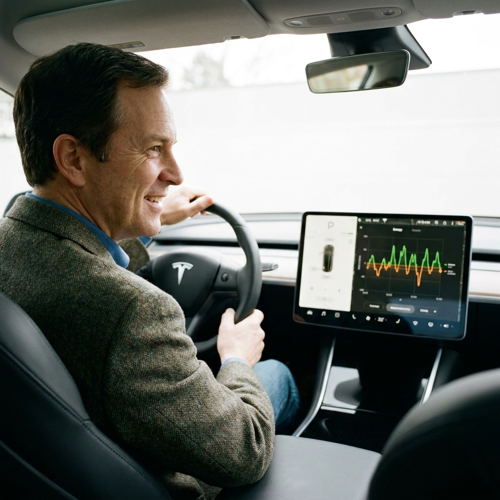 A Tesla Model 3 interior showing the center touchscreen with an energy consumption graph displayed, photographed from the front passenger seat
