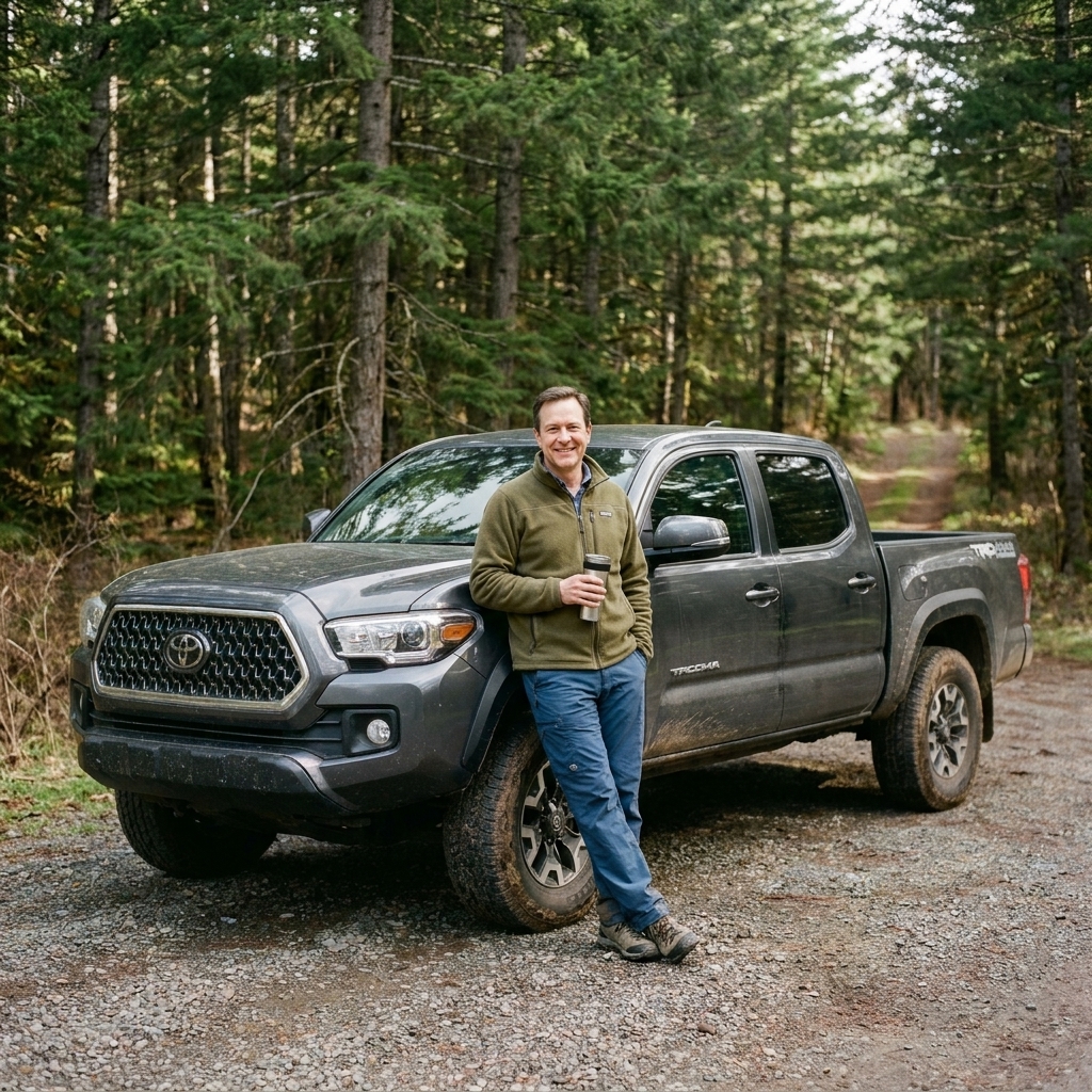 A Toyota Tacoma parked on a gravel turnout near a wooded trailhead, photographed from a front three-quarter angle