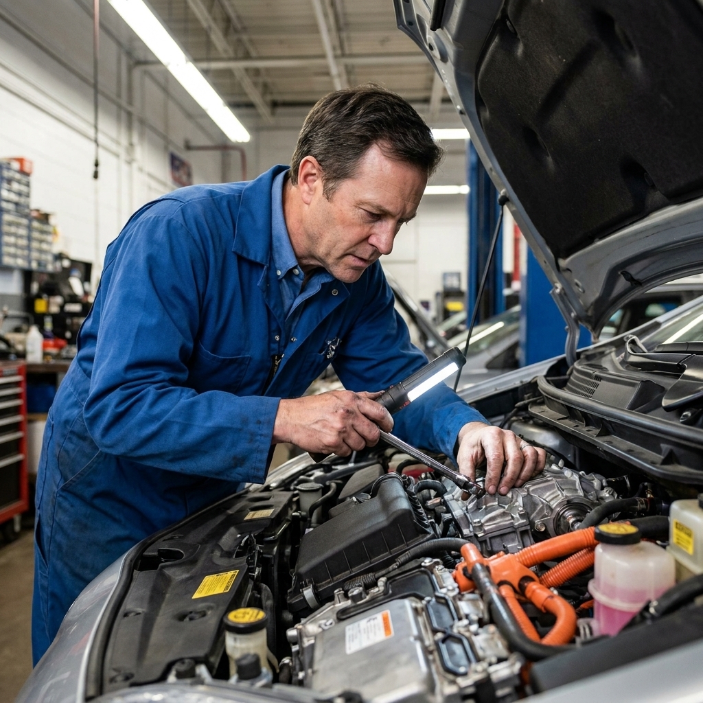 A Toyota hybrid powertrain bay with a technician inspecting components near the transaxle area under bright shop lighting