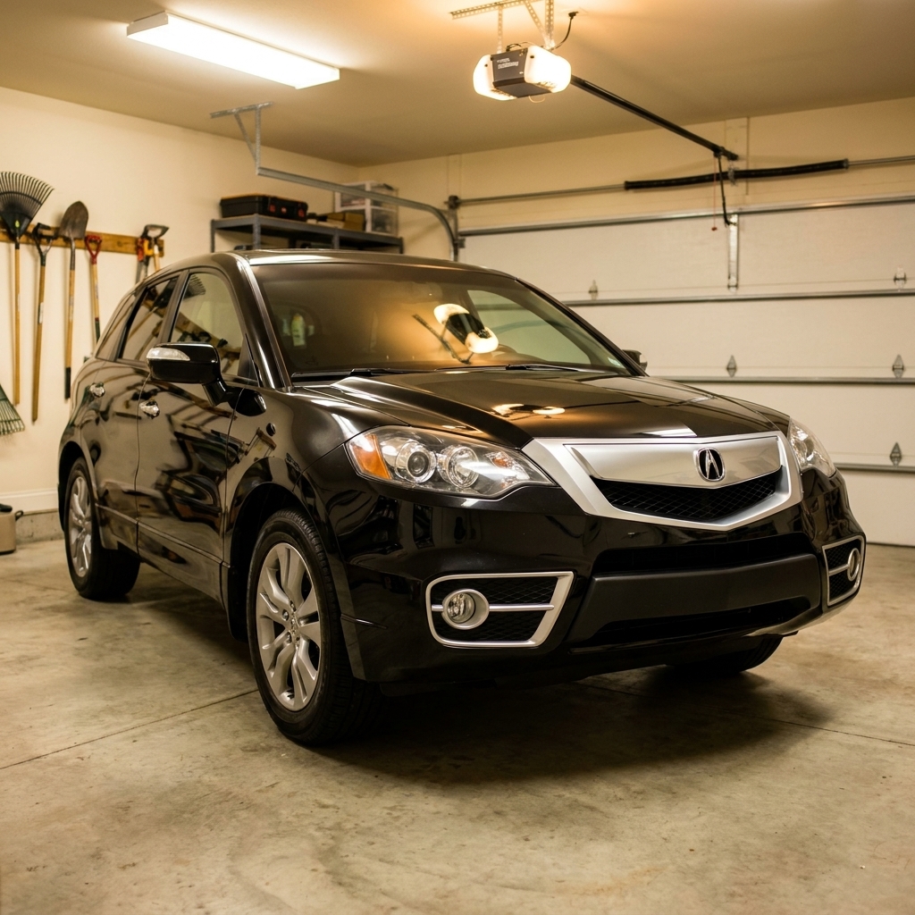 A black 2012 Acura RDX parked inside a well-lit garage, front three-quarter view emphasizing the grille and headlights