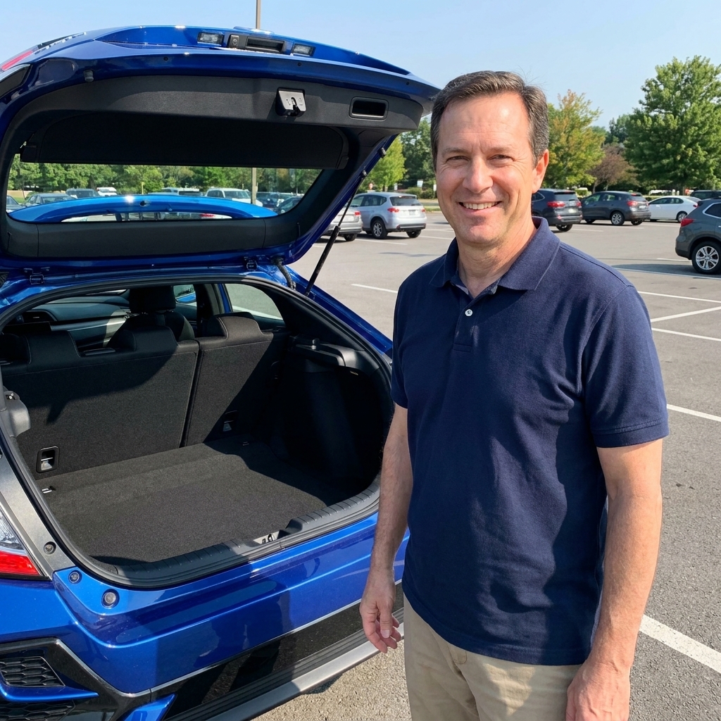 A blue 2021 Honda Civic hatchback with the rear hatch open in a parking lot, showing the cargo area in daylight