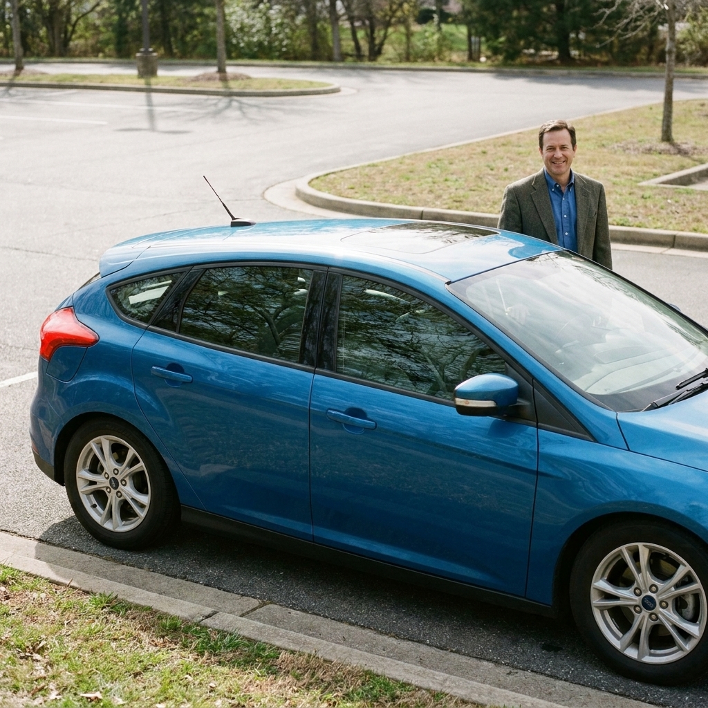 A blue Ford Focus hatchback stopped at the edge of a parking lot, side angle in daylight