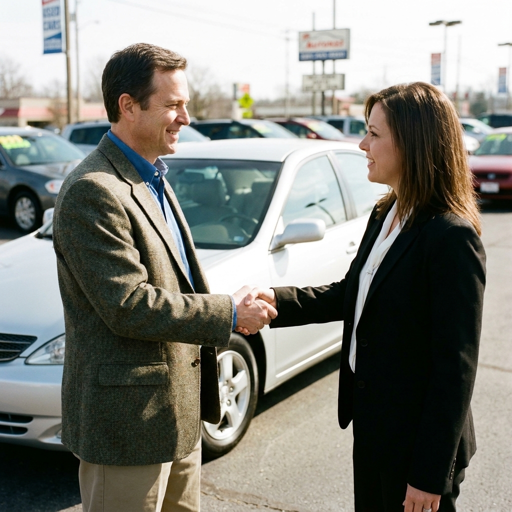 A buyer and salesperson shaking hands on a used car lot with a sedan parked behind them in daylight