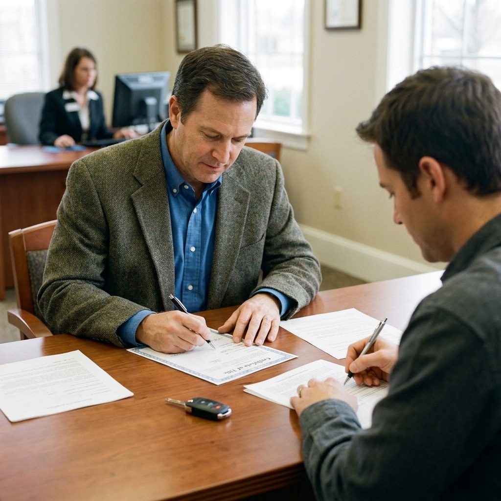 A buyer and seller seated at a bank desk signing used car title paperwork with a vehicle key on the table