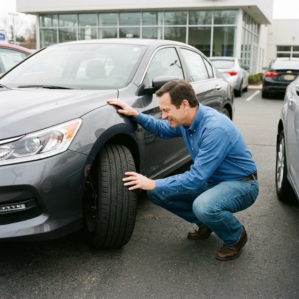 A buyer crouching near a front wheel inspecting suspension components and tire tread in a dealership lot