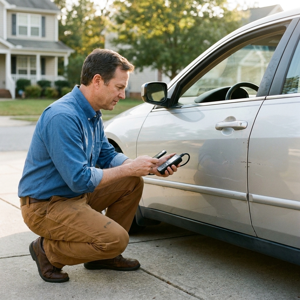 A buyer crouching near the driver side of a used car in a driveway while holding a small diagnostic scanner and a smartphone during an inspection