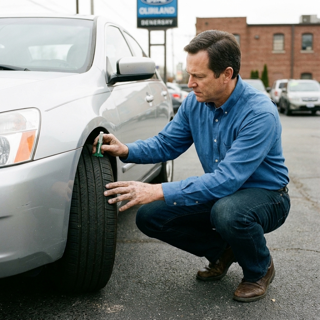A buyer crouching next to a used car wheel checking tire tread depth in a dealership parking lot