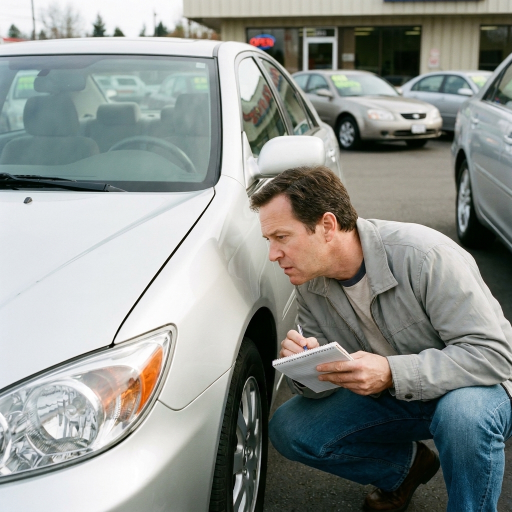 A buyer inspecting a used car on a dealership lot while holding a small notebook and checking body panel gaps in daylight
