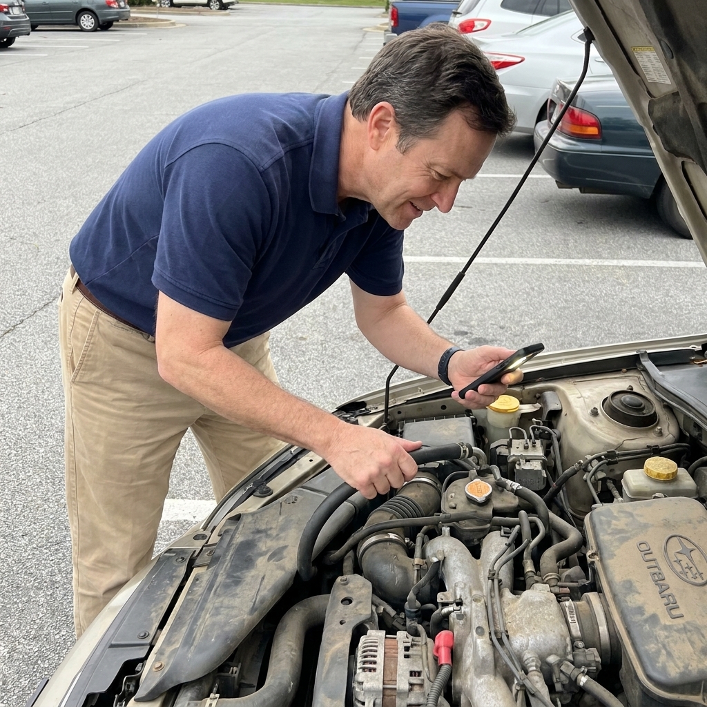A buyer looking into the open engine bay of a used car in a parking lot after a test drive, checking hoses and fluids