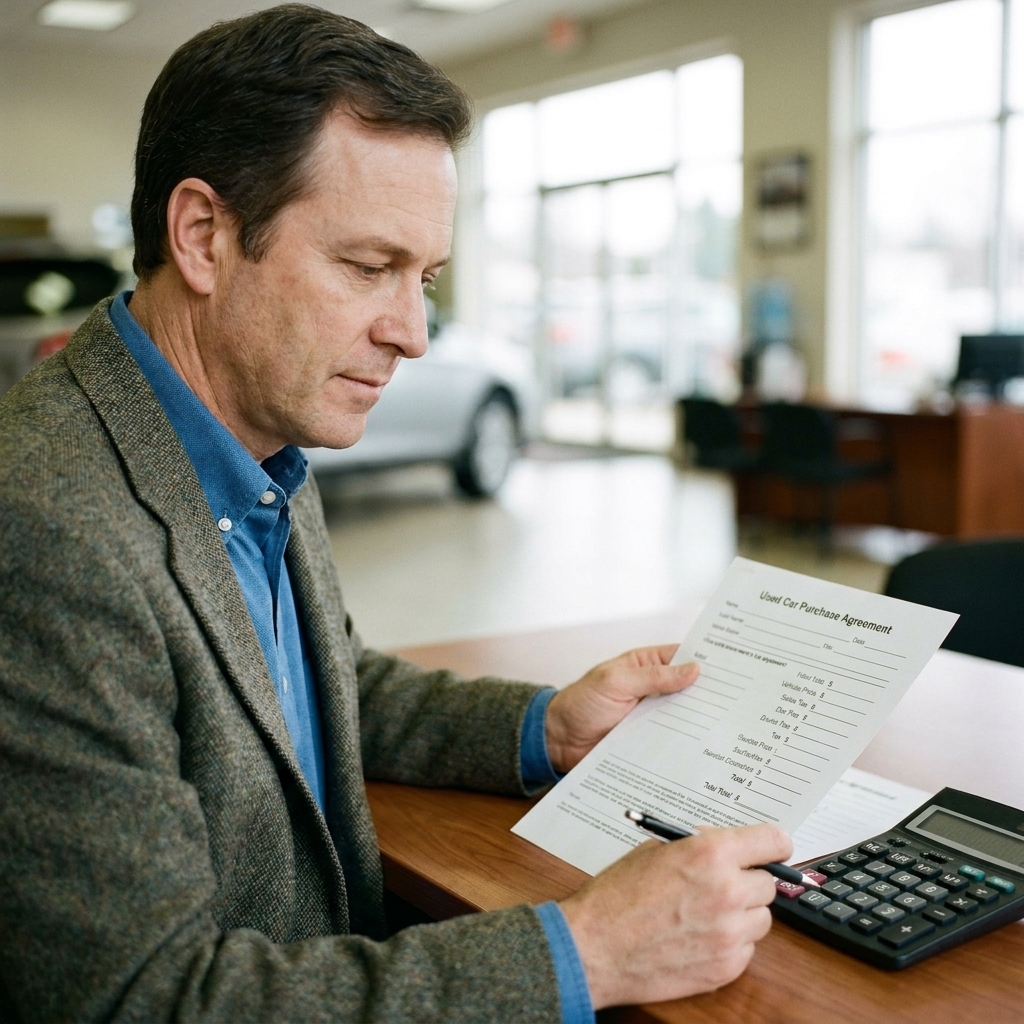 A buyer reviewing a used car purchase worksheet with itemized fees next to a pen and calculator on a dealership desk