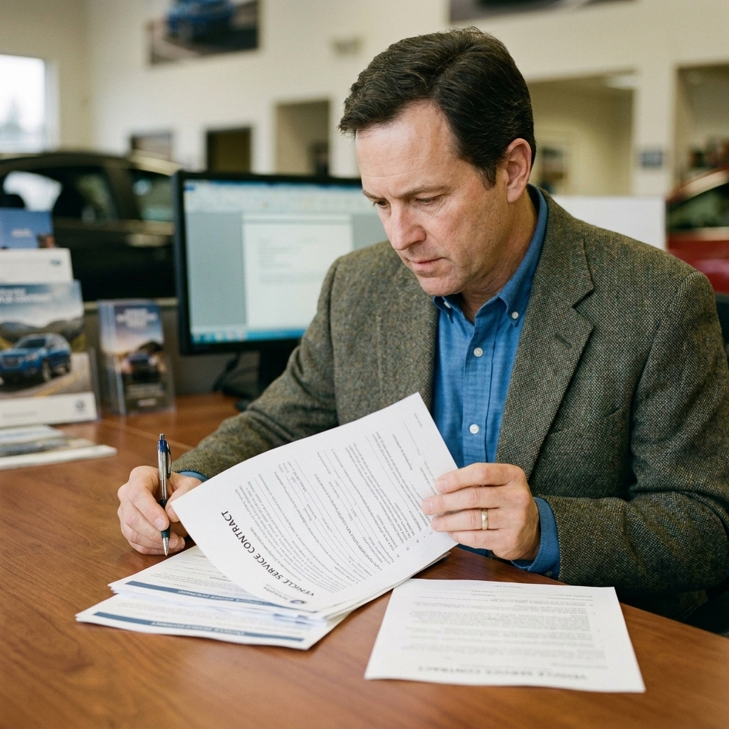 A buyer reviewing a vehicle service contract at a dealership desk with a pen and multiple pages of paperwork visible
