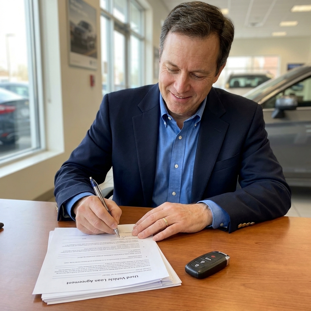 A buyer signing used car loan documents with a pen on a desk, with a car key fob nearby