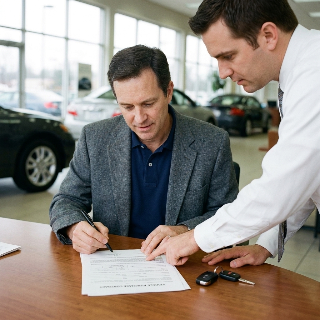 A buyer sitting at a dealership desk reviewing a purchase contract with a pen in hand while a salesperson points to a section on the paperwork
