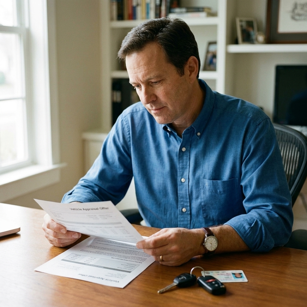 A buyer sitting at a desk reviewing a printed vehicle appraisal offer next to car keys and a driver license, natural indoor lighting