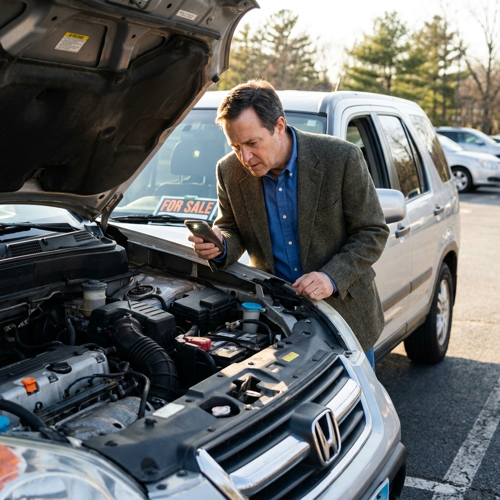 A buyer standing in front of a used car with the hood open in daylight, using a phone flashlight to inspect the engine bay after a test drive