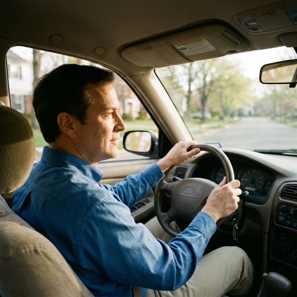 A buyer test driving a used car on a quiet suburban road in daylight, hands on the steering wheel while checking mirrors