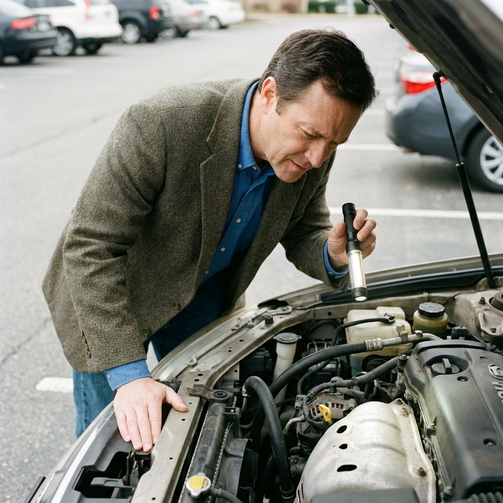A buyer using a flashlight to inspect the engine bay of a used car with the hood open in a public parking lot