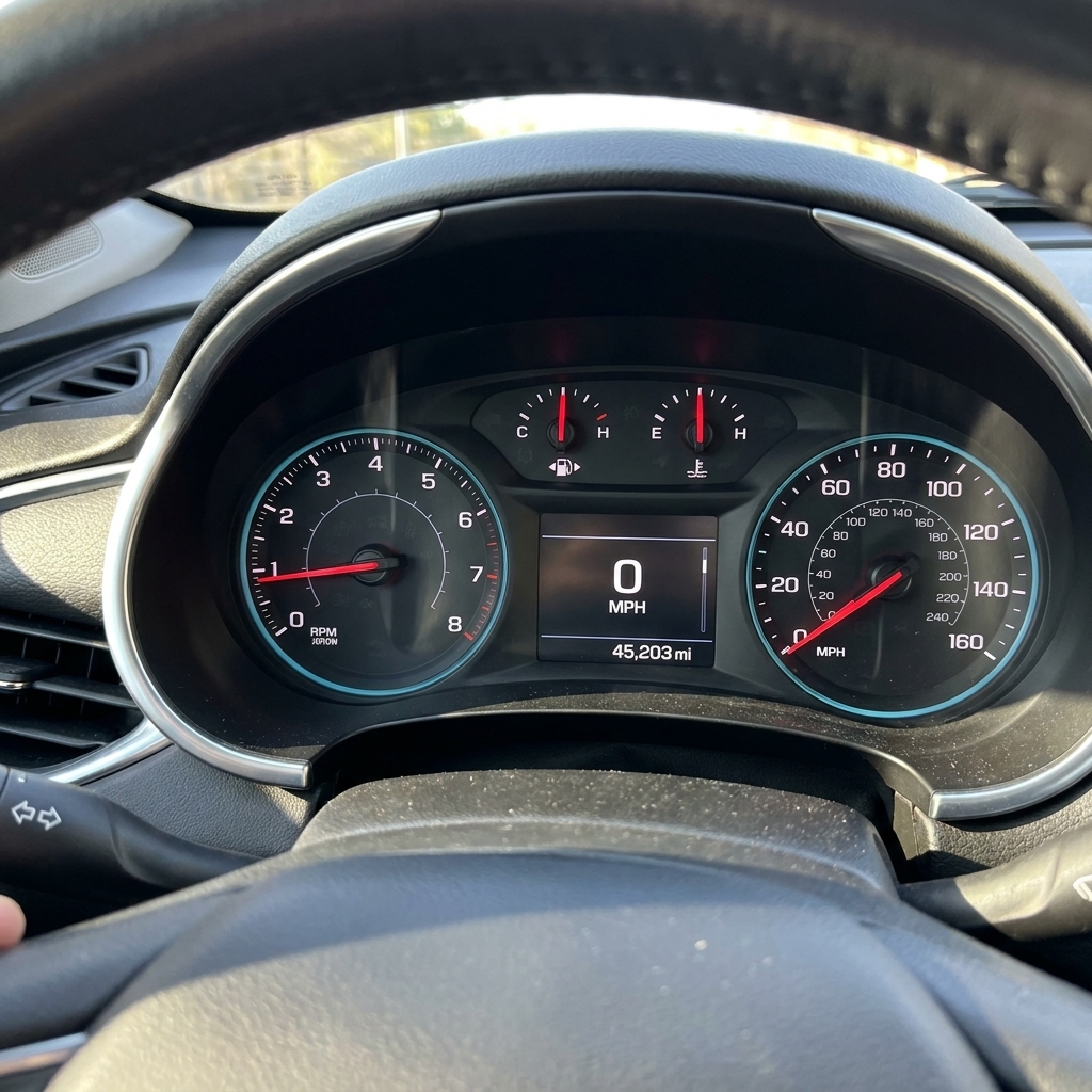 A car dashboard instrument cluster with the engine running and no warning lights illuminated, photographed from the driver seat
