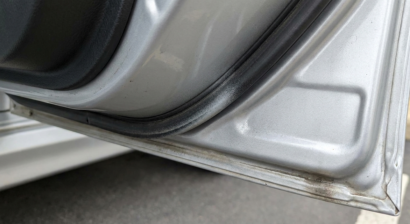 A car door jamb and weatherstrip with faint body-color paint mist on the black rubber near the edge