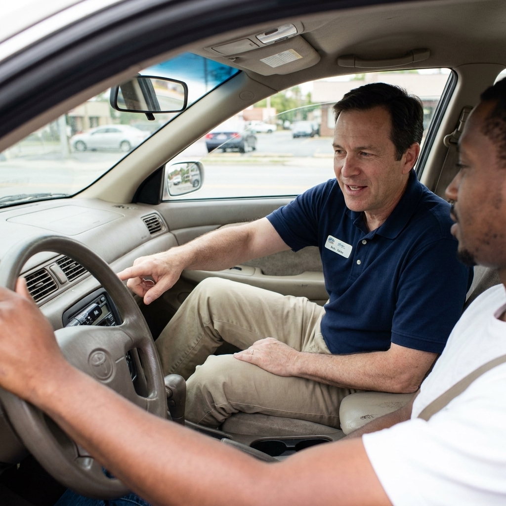 A car salesperson sitting in the passenger seat while a buyer drives a used sedan during a test drive
