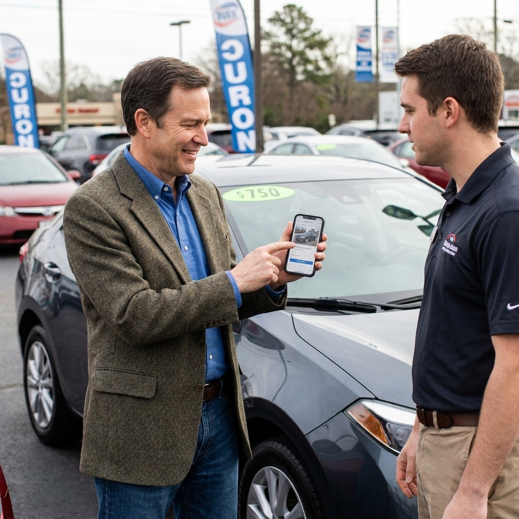 A car shopper on a dealership lot showing a salesperson a comparable car listing on a smartphone next to a parked used sedan