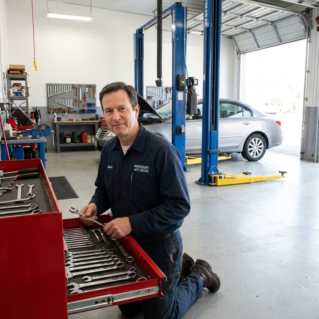 A clean independent auto repair shop service bay with multiple lifts and a technician preparing tools