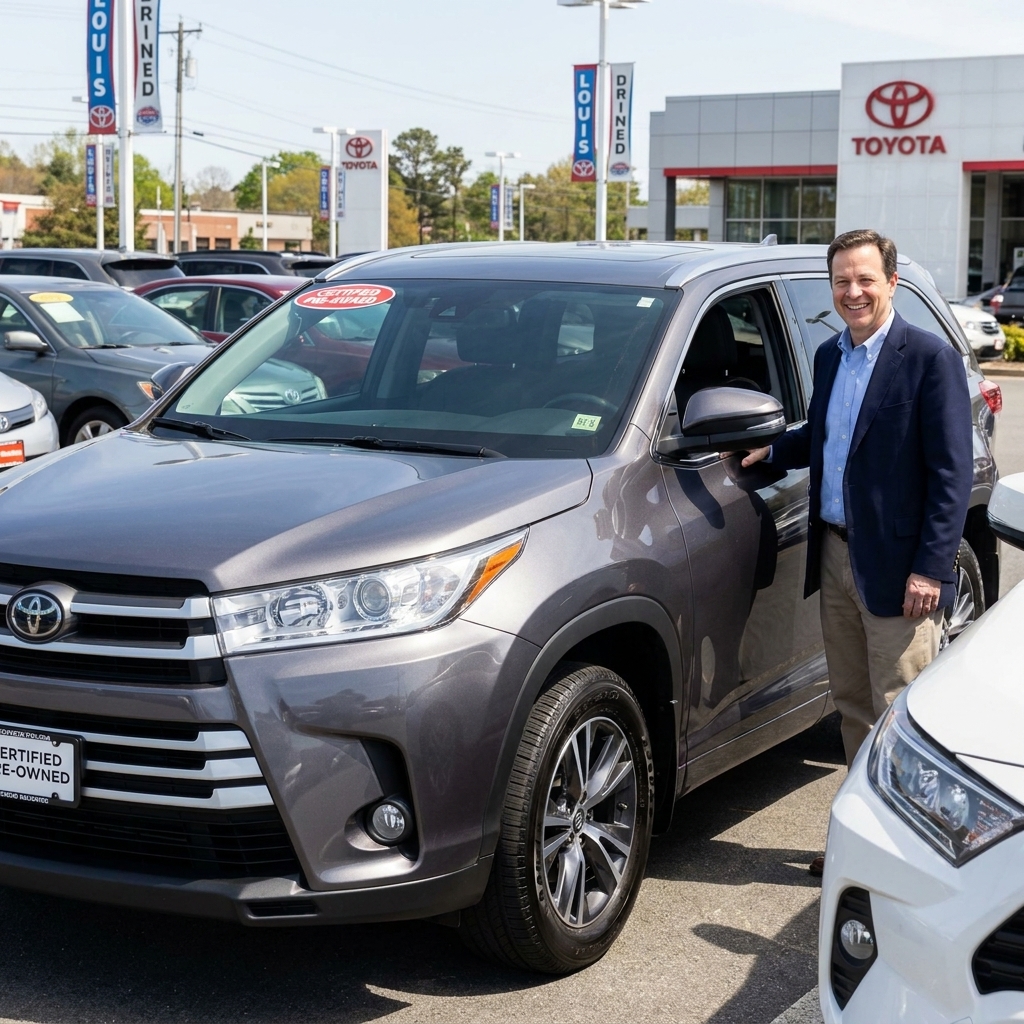 A clean used Toyota Highlander parked on a dealership lot in daylight.