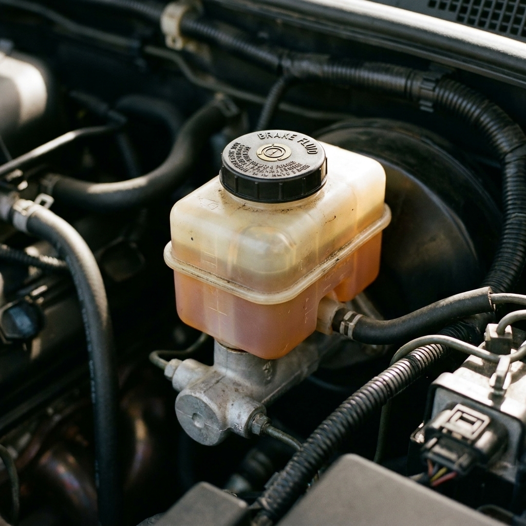 A close photo of a brake fluid reservoir in an engine bay with amber-colored fluid visible through the translucent plastic