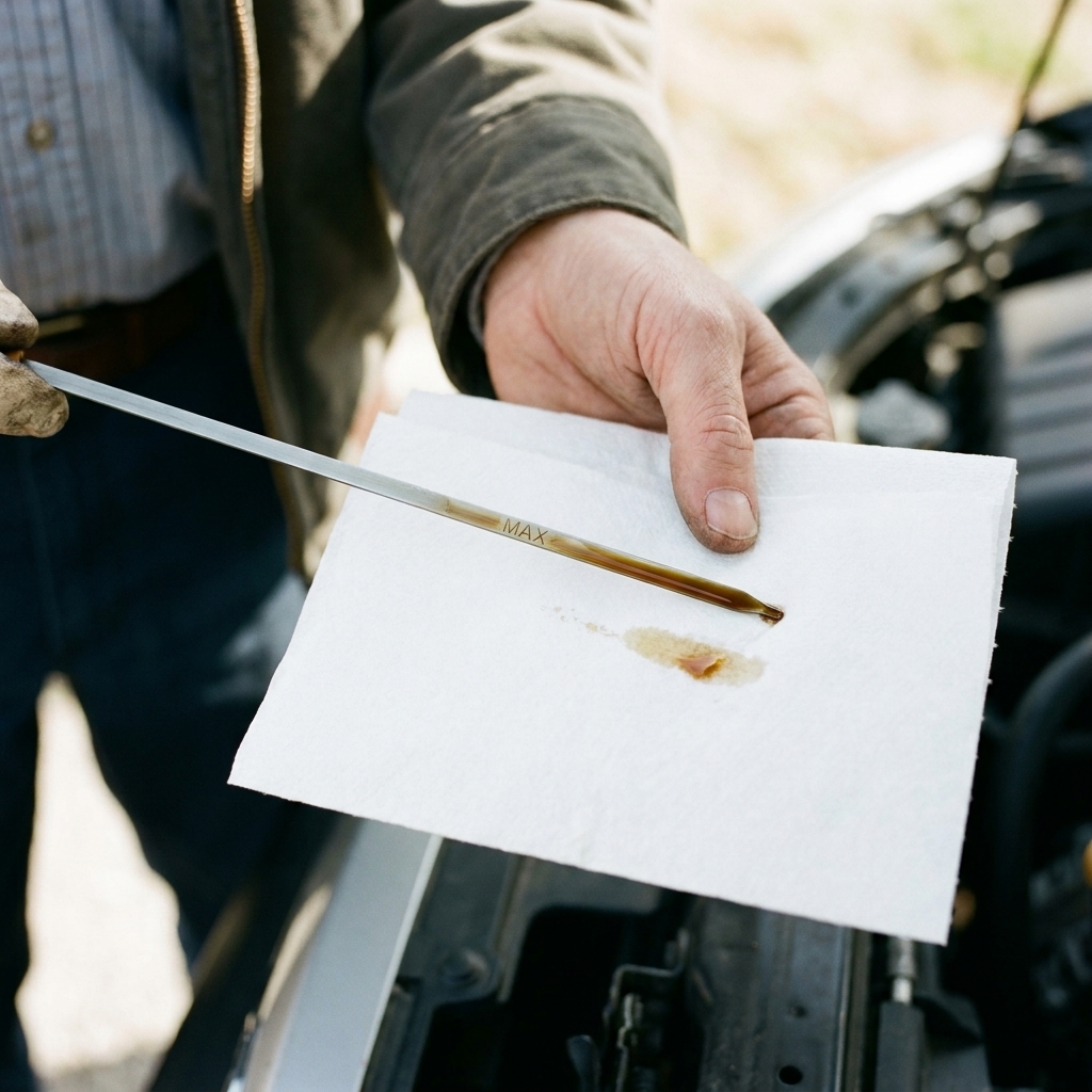 A close-up of a car engine oil dipstick held over a paper towel showing a visible oil line near the MAX mark