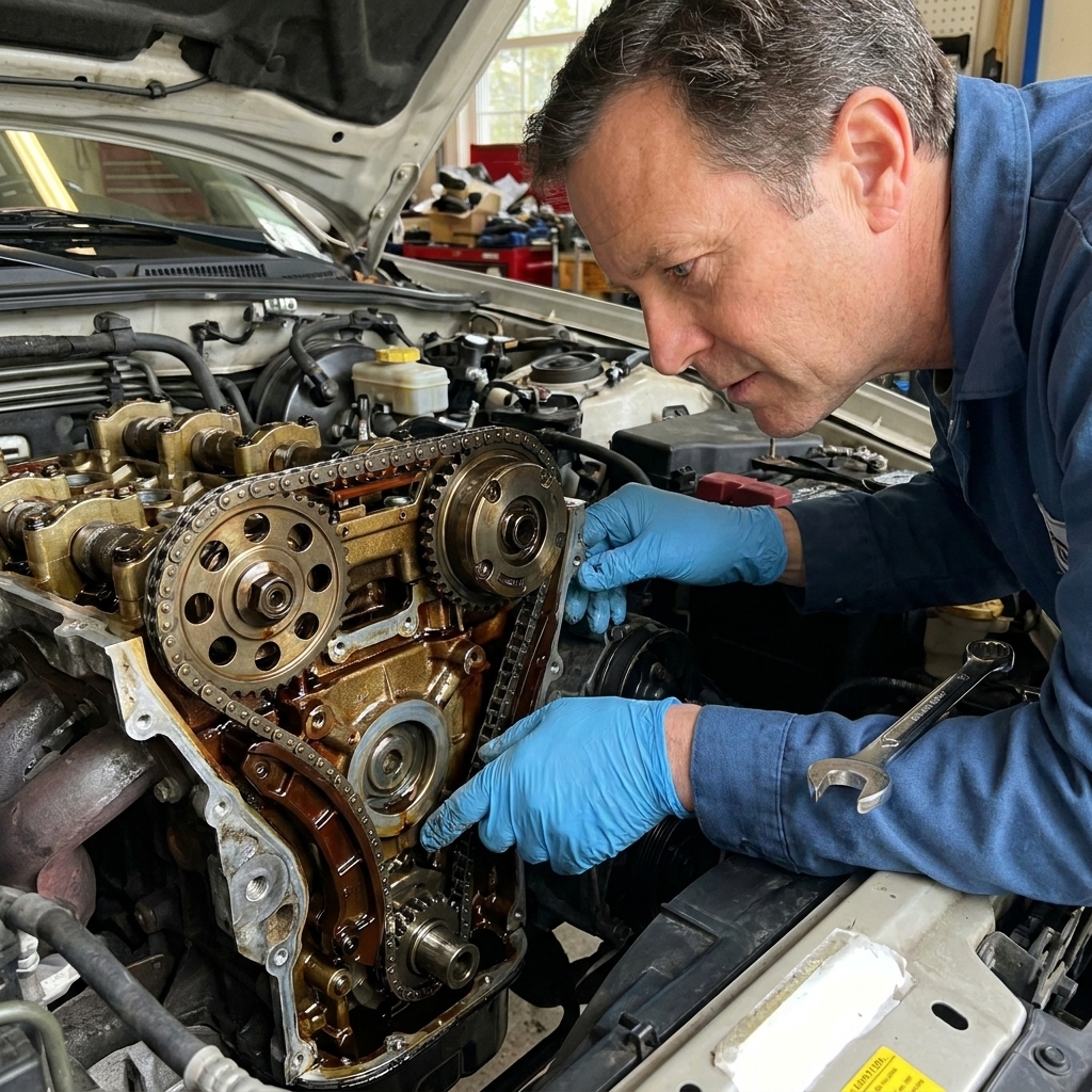 A close view of a car engine with the timing cover removed, showing a metal timing chain and sprockets during service