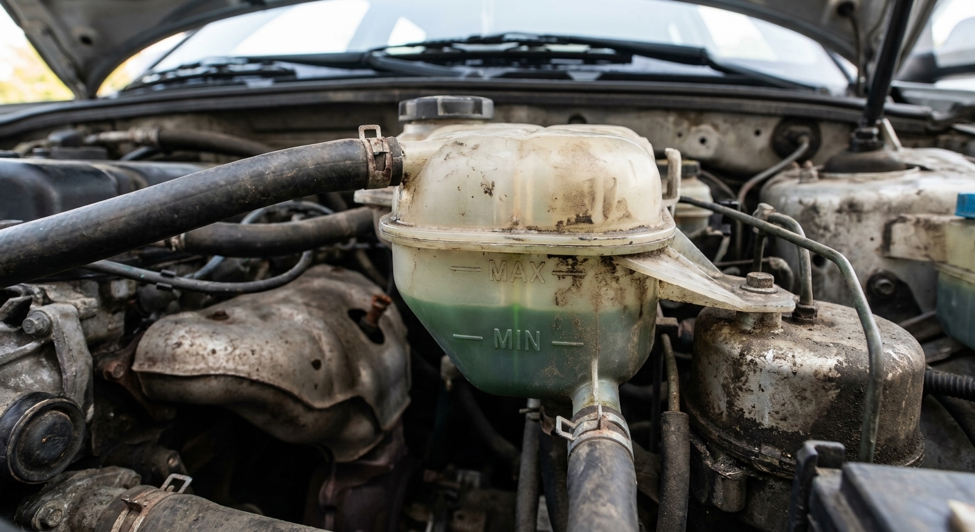 A close view of a coolant overflow reservoir in a used car engine bay with the MIN and MAX markings visible and coolant level between the lines