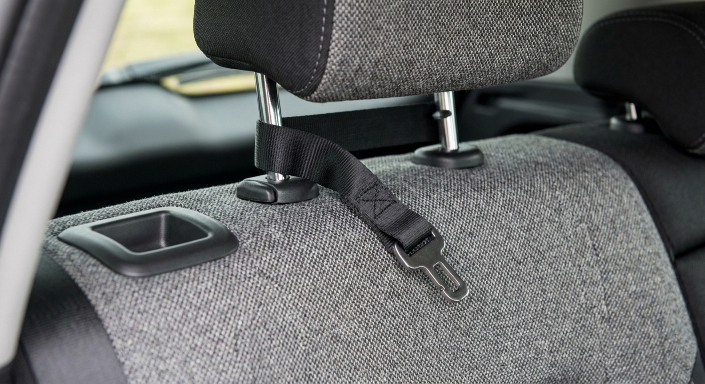 A close view of a rear seatback top tether anchor in a compact SUV with the tether strap routed through the headrest area