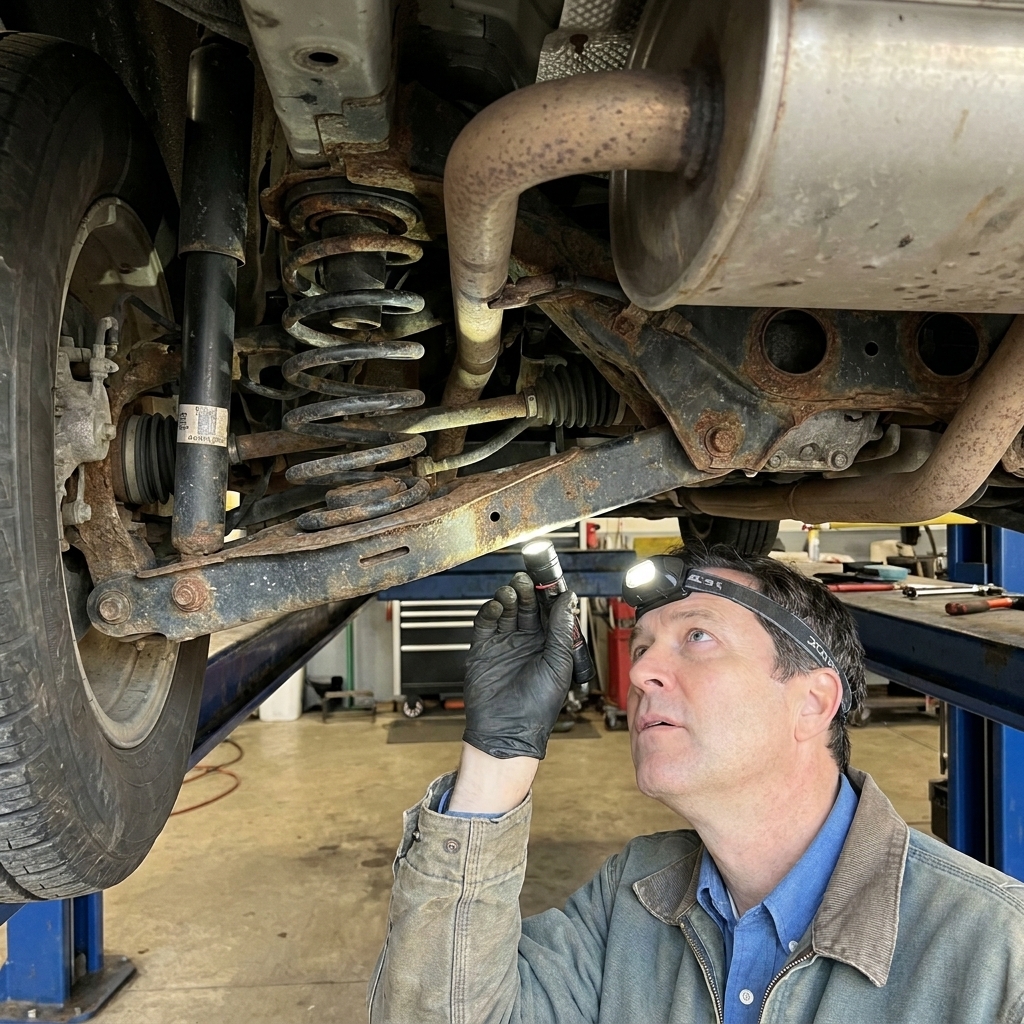 A close view under a used Toyota RAV4 showing suspension components and light surface rust during an inspection