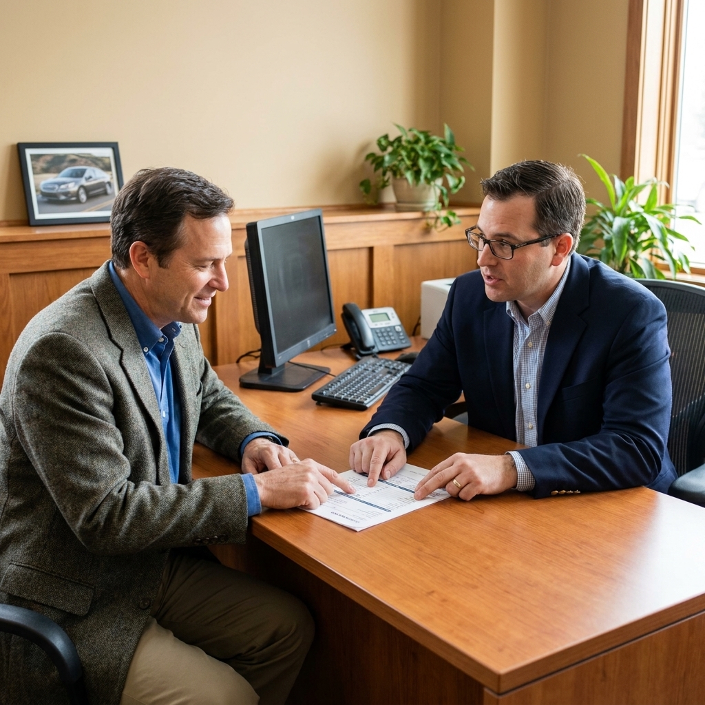 A customer and finance manager seated in a dealership finance office with a contract on the desk, hands pointing at line items on the form