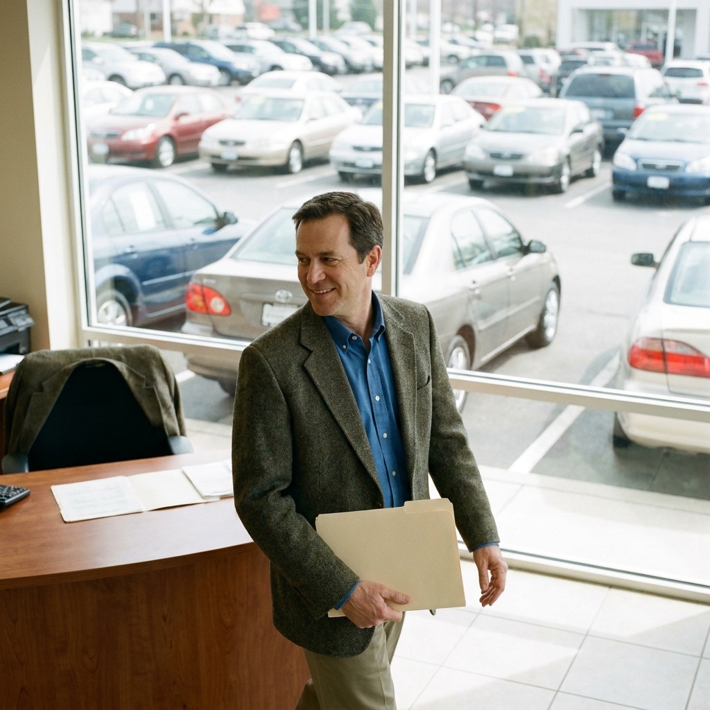 A customer walking away from a dealership desk holding a folder, with parked used cars visible through the showroom windows