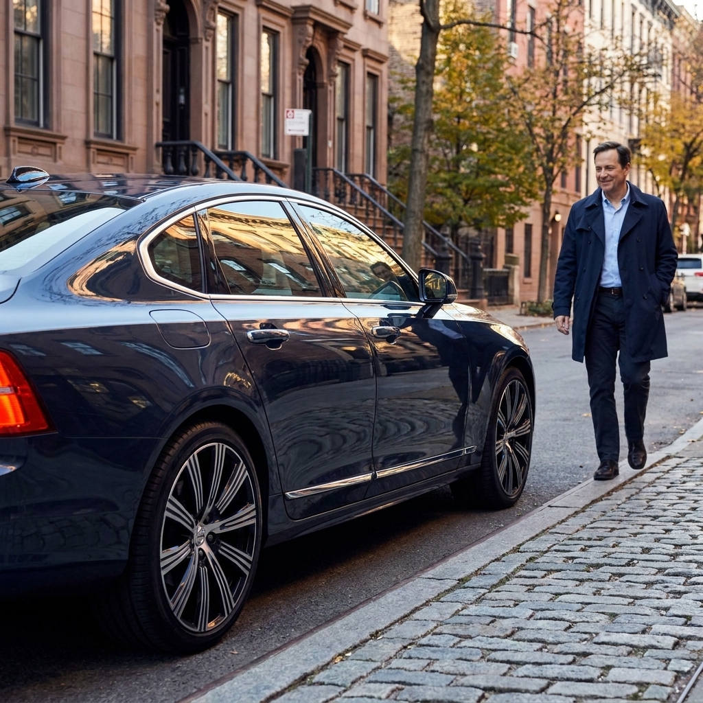 A dark blue Volvo S90 parked curbside in a city street, showing the sleek side profile and large alloy wheels