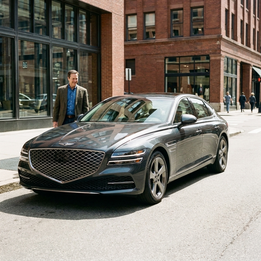 A dark gray Genesis G80 parked in a downtown area during daylight, showing the front grille and sedan stance