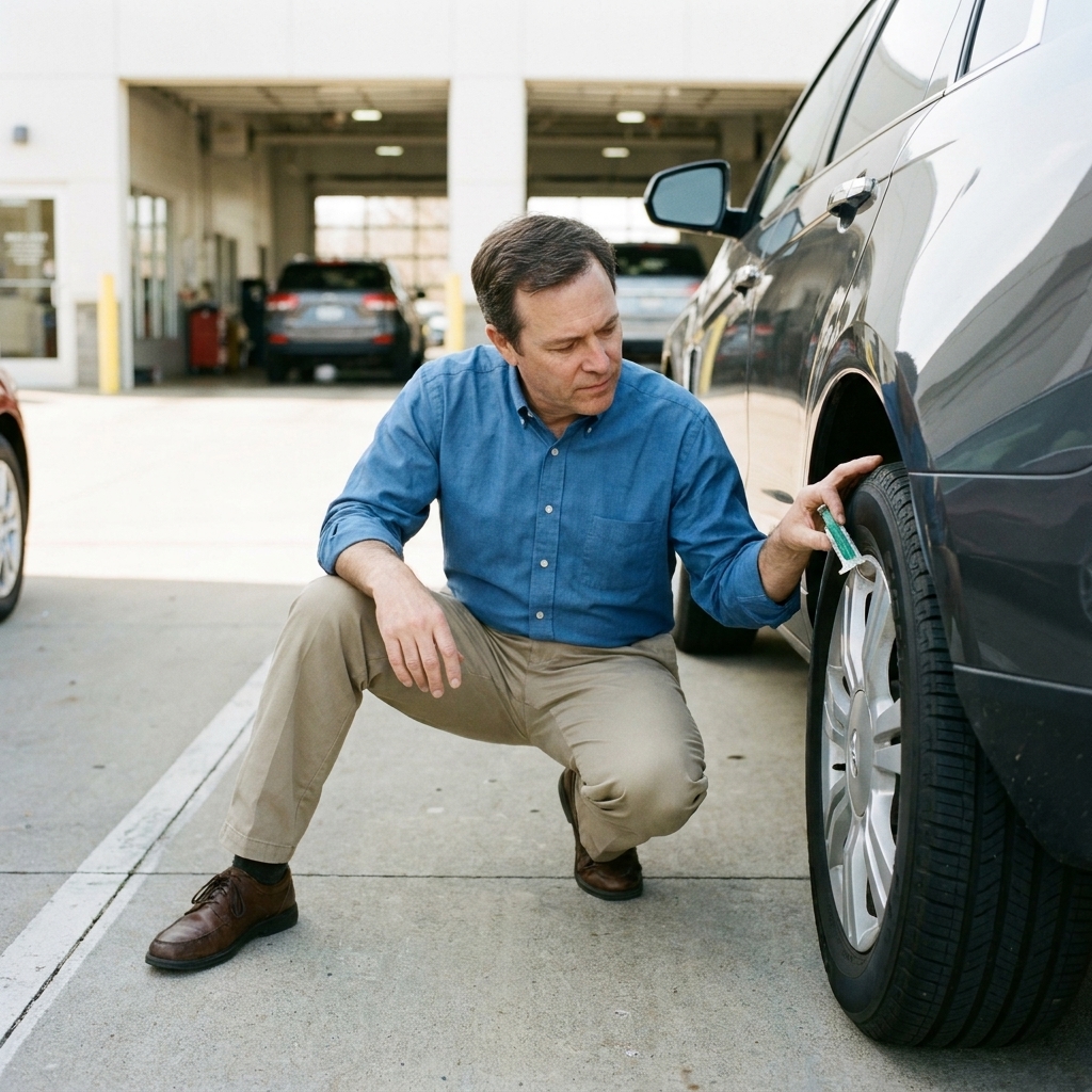 A dealership employee kneeling to inspect tire tread on a trade-in SUV parked in a service lane, bright daylight