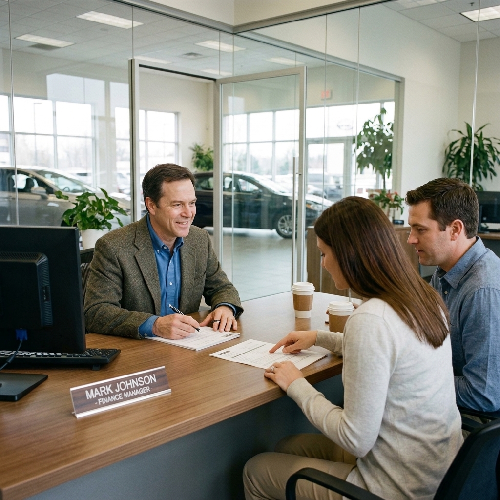 A dealership finance manager sitting at a desk with paperwork while a couple reviews documents across from them inside a modern car dealership office