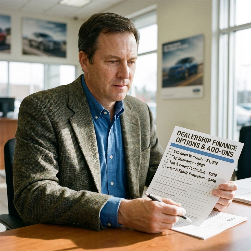 A dealership finance menu sheet on a desk listing optional add-ons with prices and checkboxes